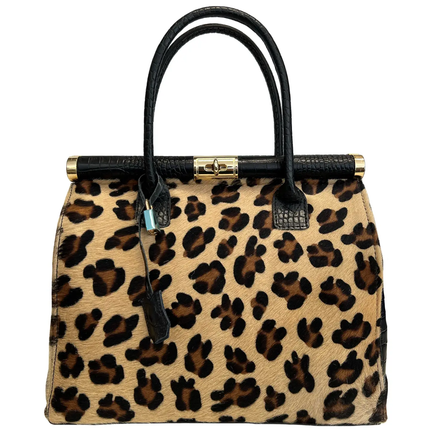 Modern Genuine Coconut Leather Handbag + Real Pony Fur Flower - Big Leopard front
