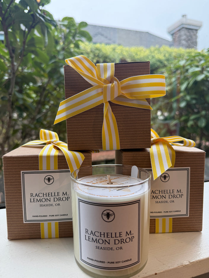 Seaside Rachelle M. Lemon Drop  candle with packaging