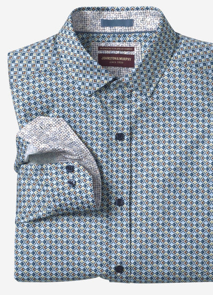 Wavy Diamond Blue/Brown Print Cotton Shirt