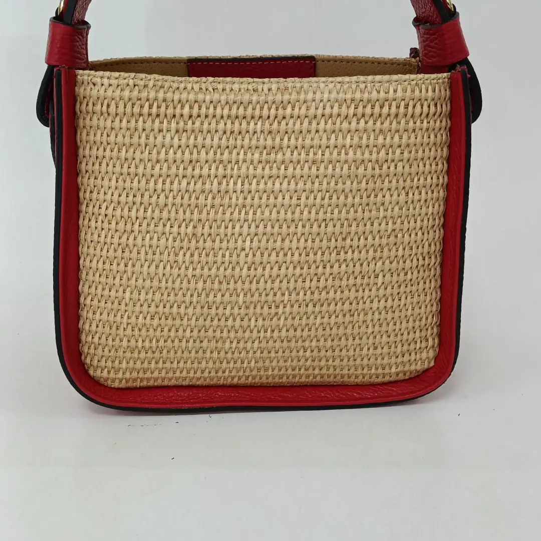 Zoe Raffia & Leather Summer Woven Handbag - Red_Back