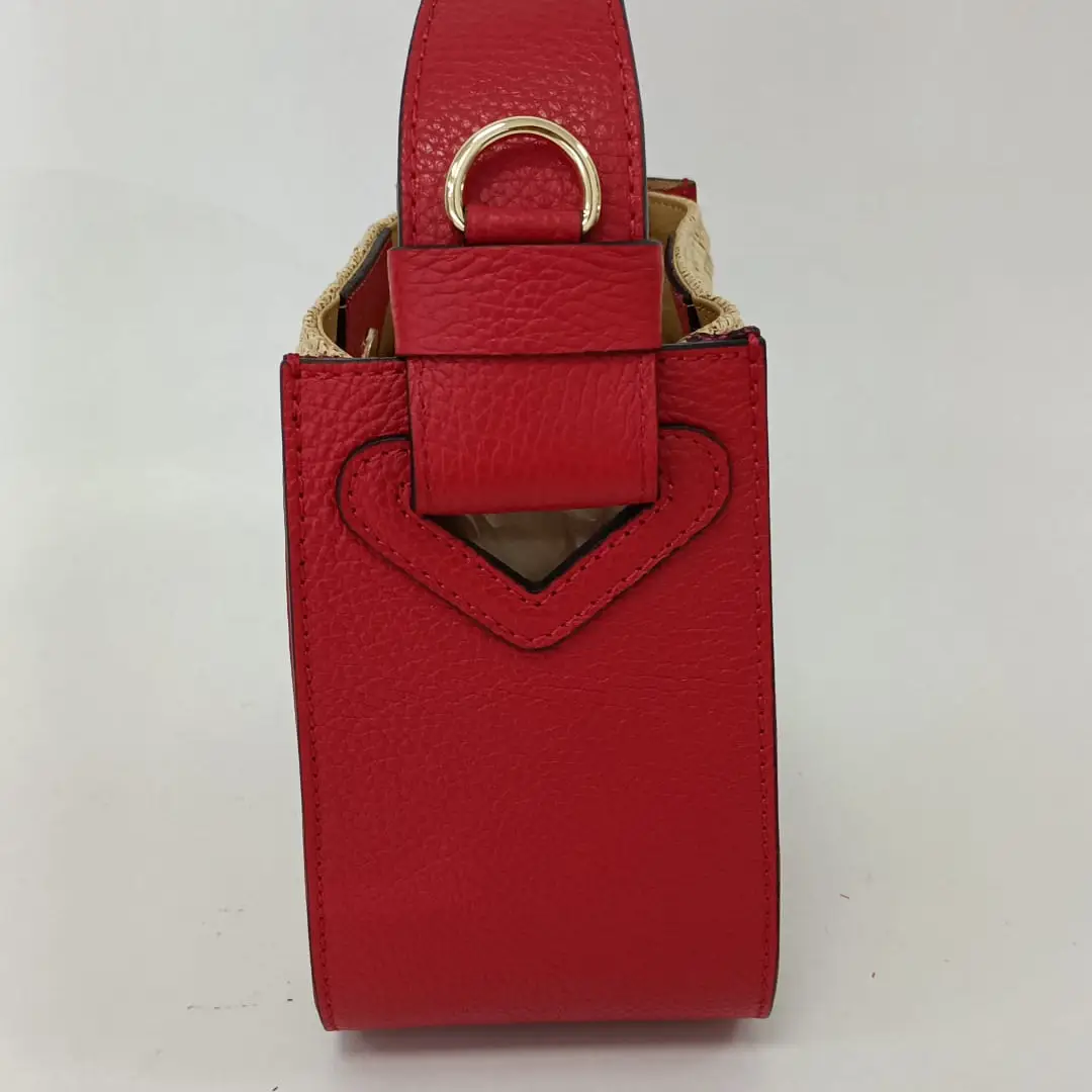 Zoe Raffia & Leather Summer Woven Handbag - Red_Side Detail