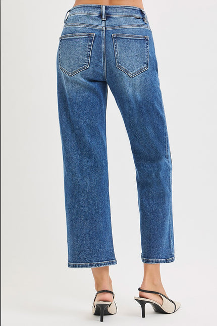 High Rise Crop Straight Jeans, dark-Back