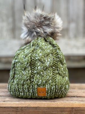 Cable Knit Pom Hat Olive