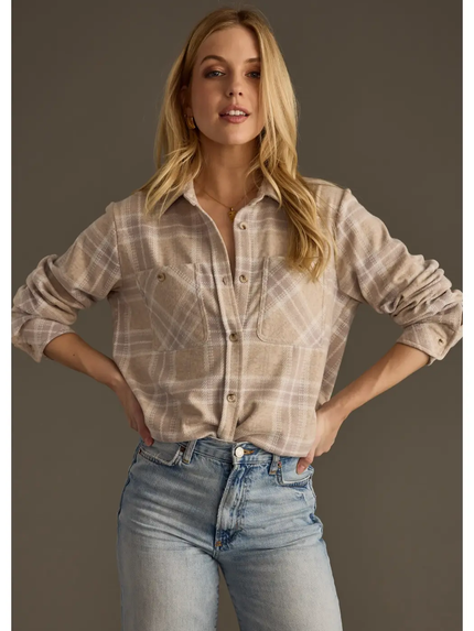 Tan, Mauve & White Plaid Button Up