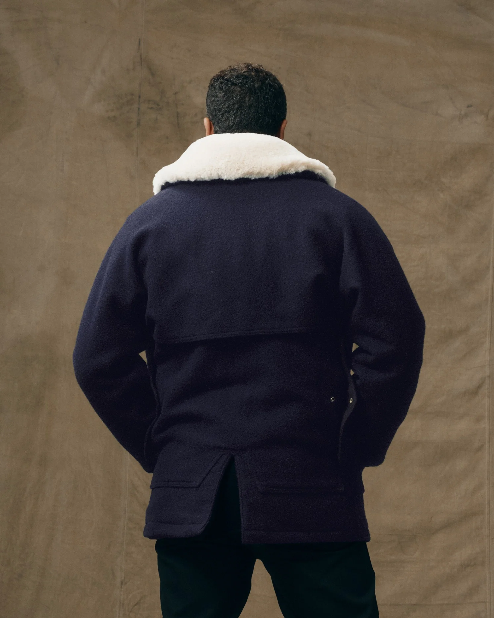Filson Lined Wool Packer Coat navy stock model back