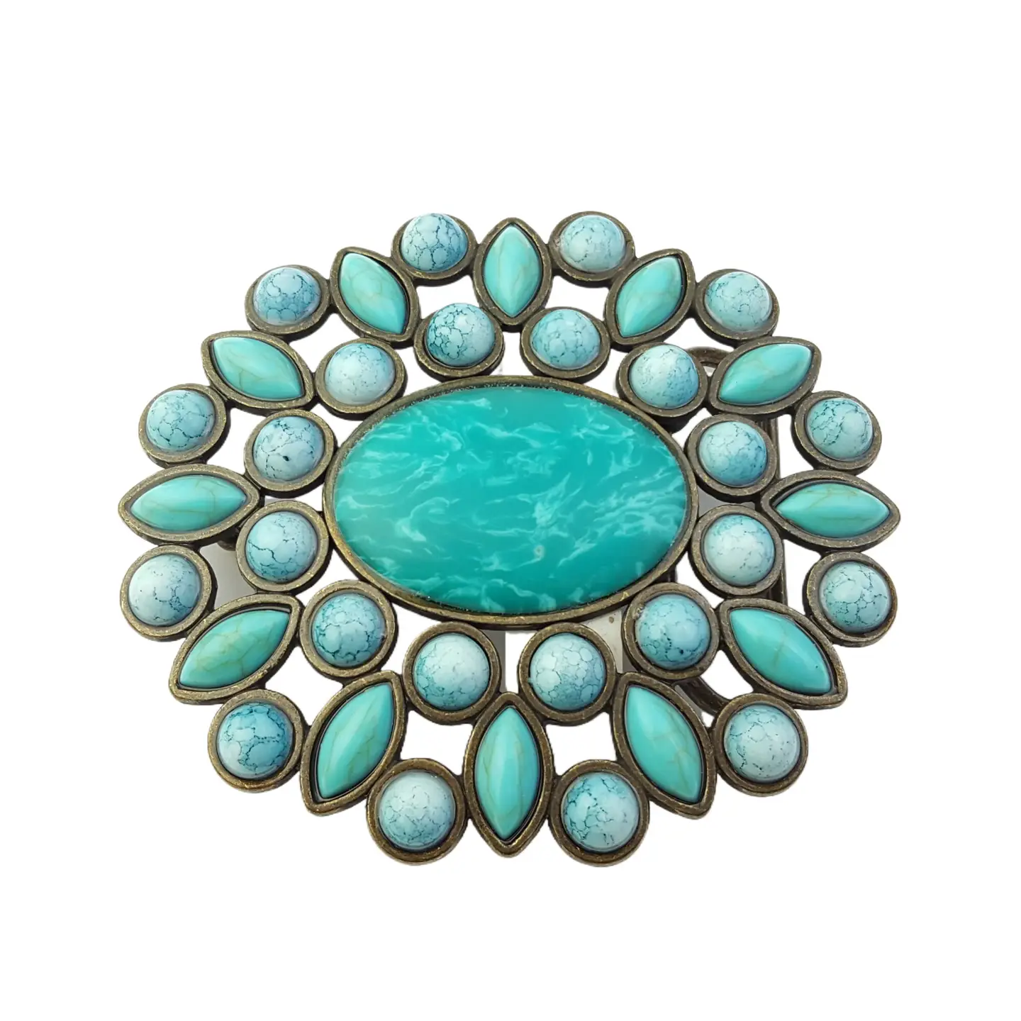 Oval Western Floral Turquoise Beads Belt Buckle - Blue