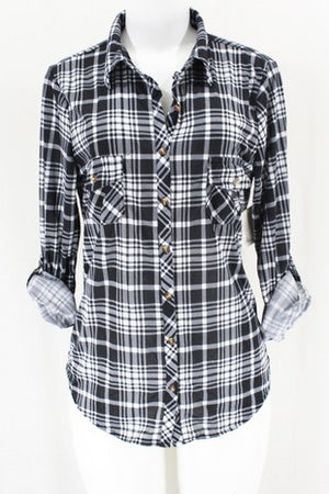 Yenisa Rolled Sleeve Flannel Plaid Shirt - Black & White
