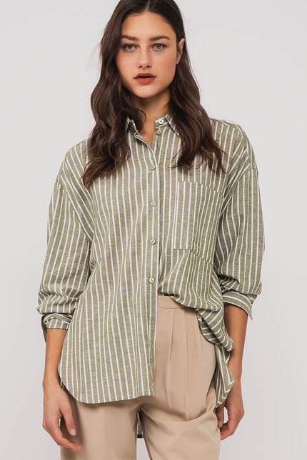 Linen Strict Stripes Oversized Dress Shirt oive front