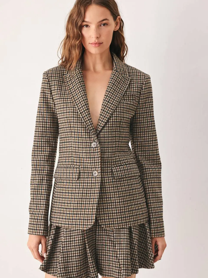 A Woven Mini-Houndstooth Pattern Blazer, brown-front