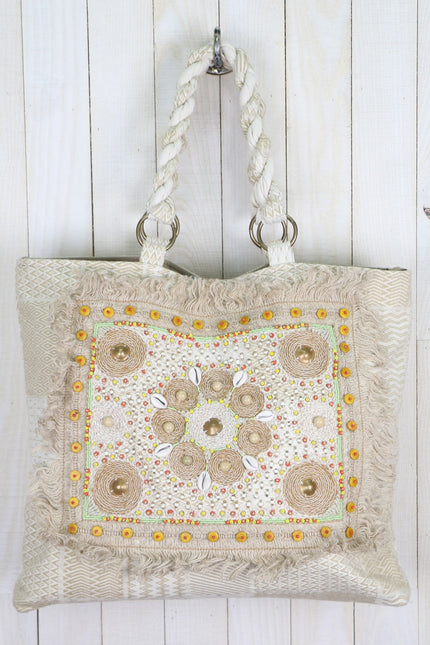 Fringe Beaded Tote Bag  | Natural