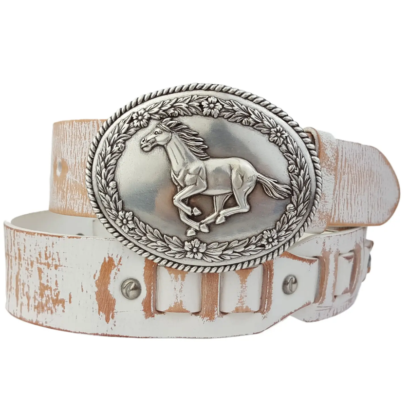 Distressed Leather Belt W Oval Horse Mustang Buckle - Vintage White