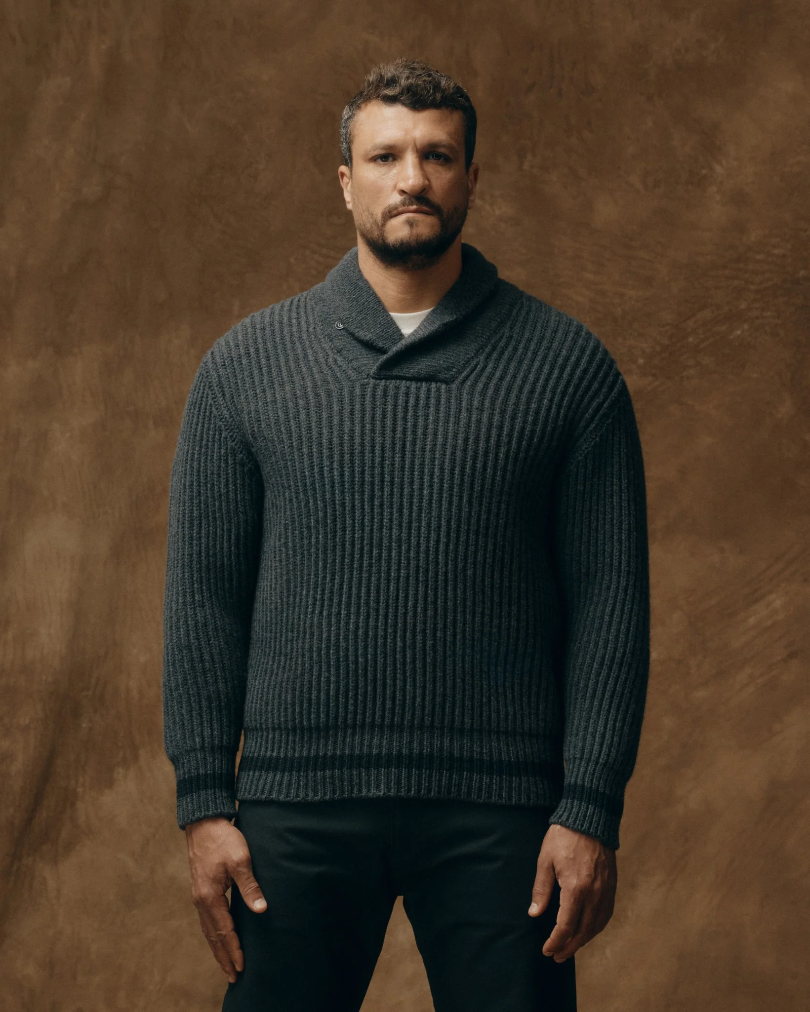 bristol shawl neck sweater gray heather dark charcoal stripe styled