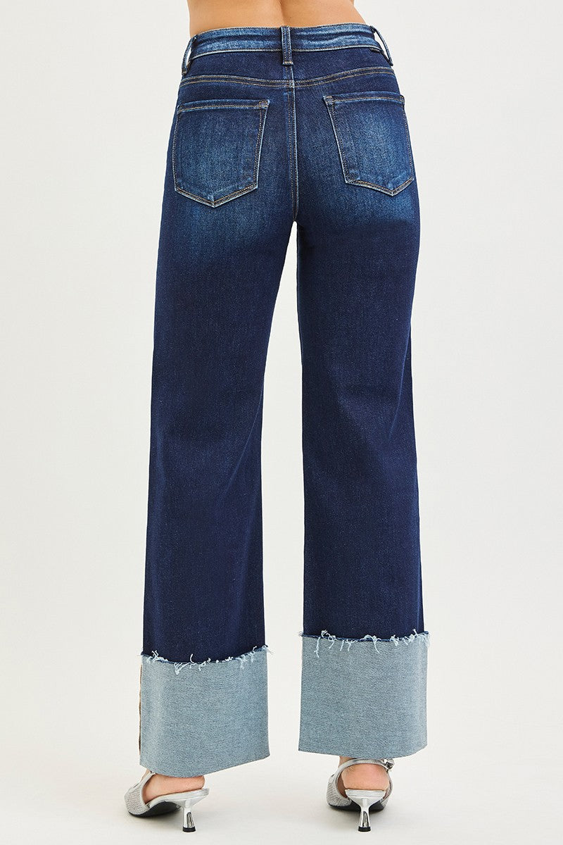 High Rise Ankle Wide Cuffed Jeans deep blue back