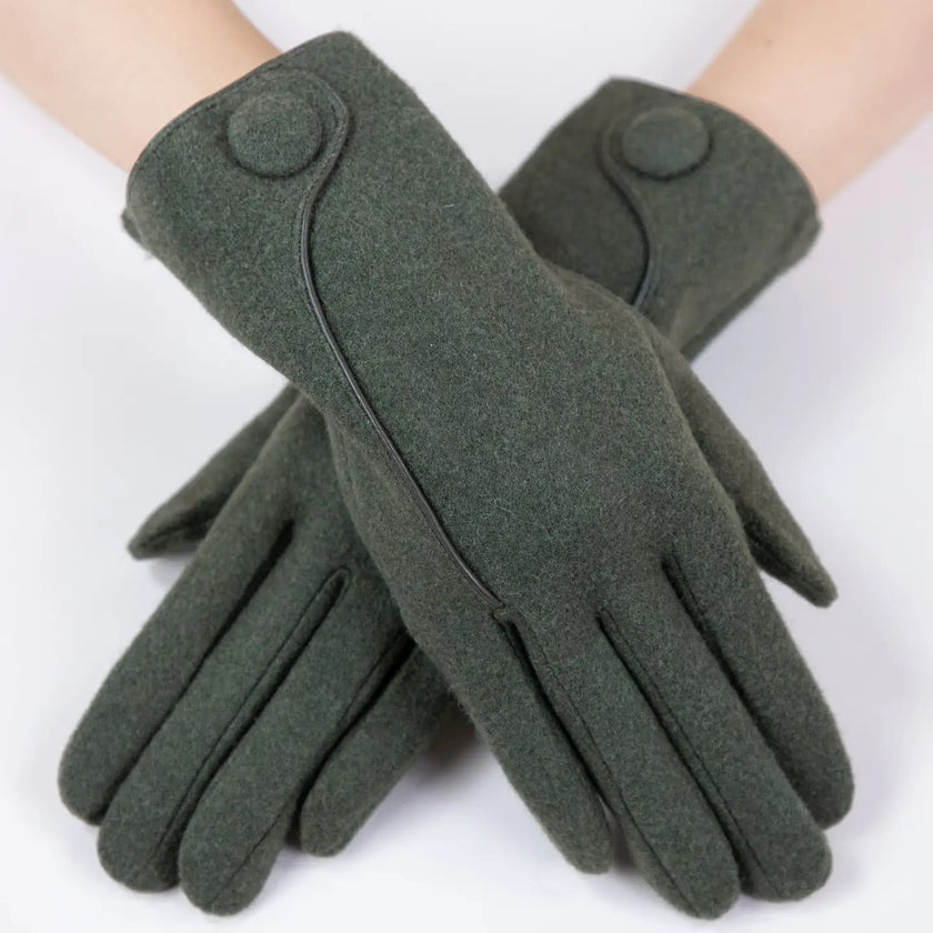 Wool Felted Gloves W/ Leather Seam & Button