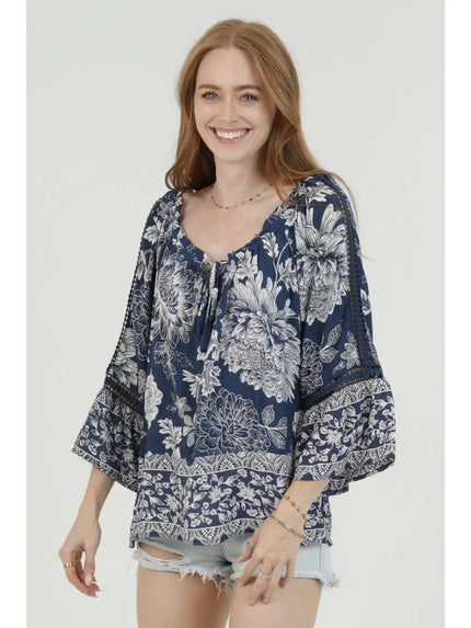 Scoop Neck Tie Front LS Crochet Top