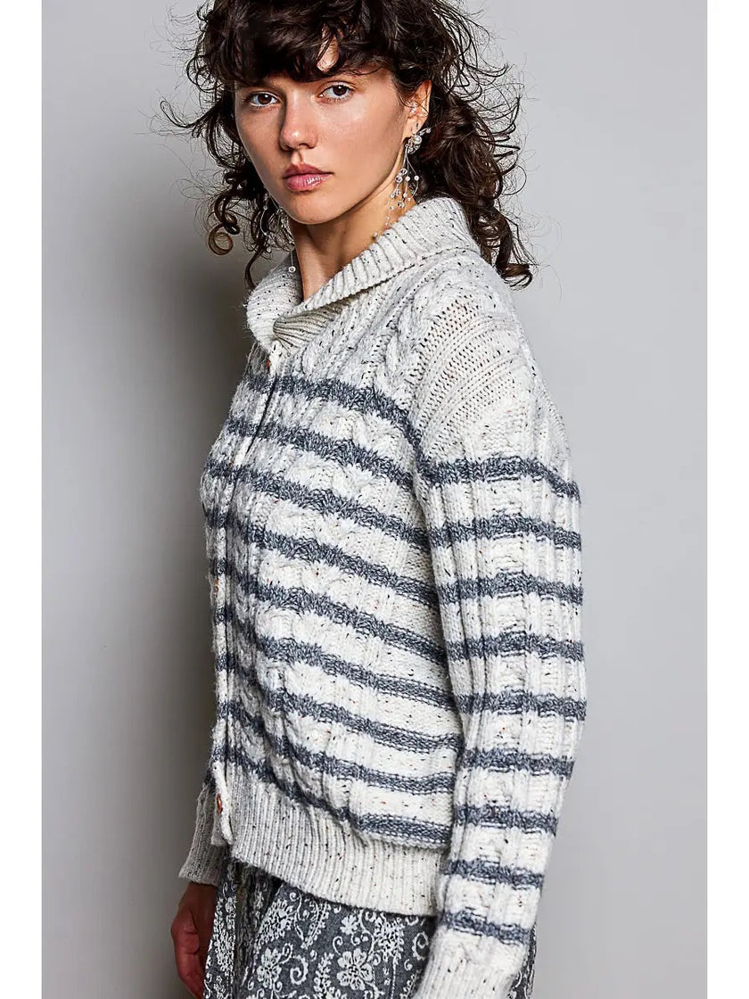 Striped Cable Knit Shawl Collar Button Down Cardigan One Size