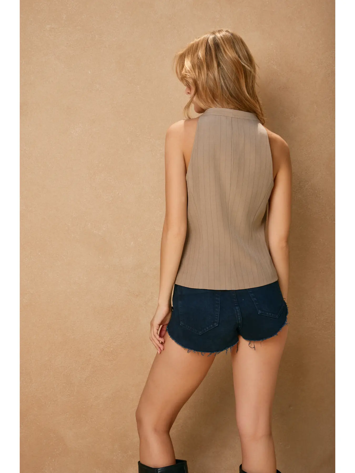 Keep It Simple Pinstriped V Neck Vest mocha/black back