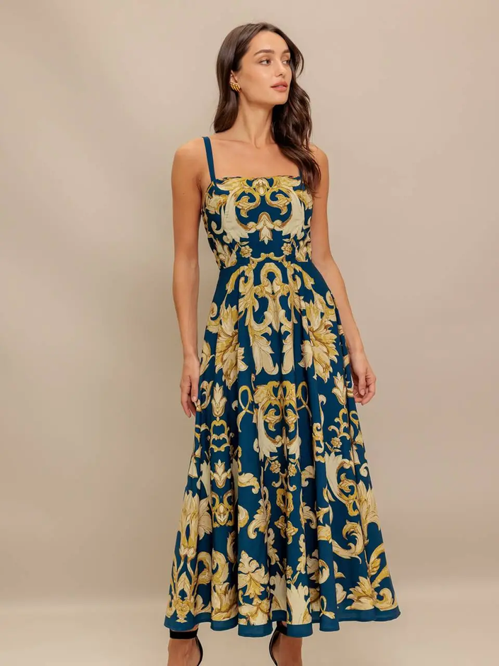 A printed woven midi dress blue front