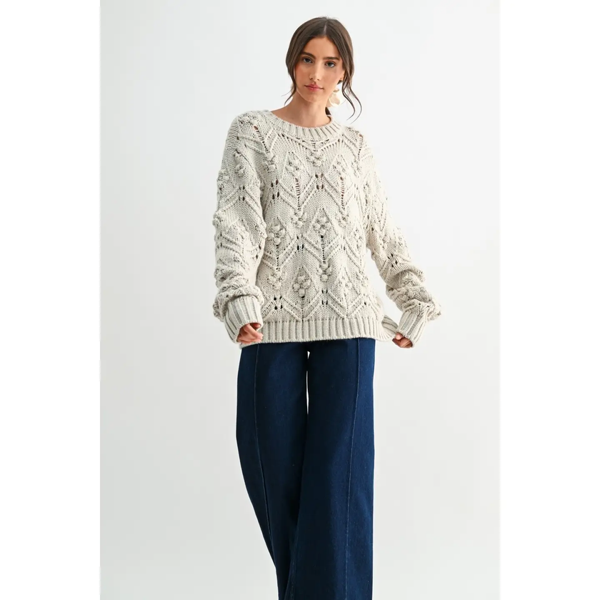 Textured Knit Crewneck Sweater light grey