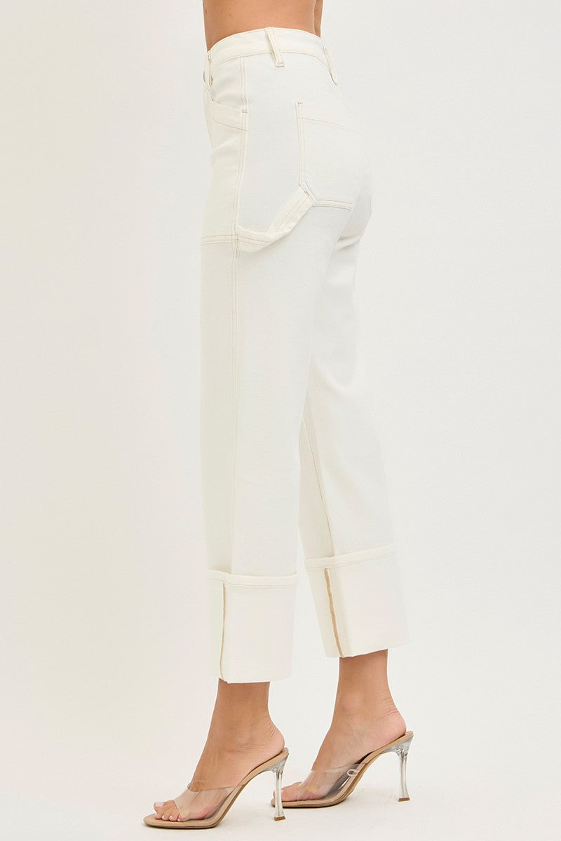 High Rise Straight Turn Up Cuffed Patch Pocket cream side