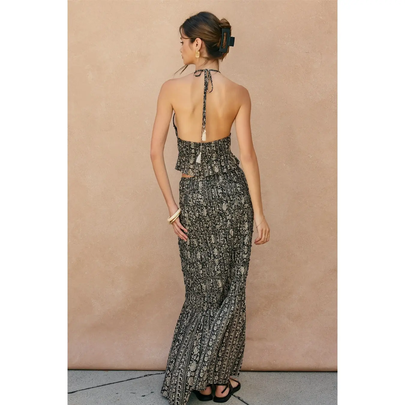 Ava Tropical Open Back Smocked Halter Oyster-back