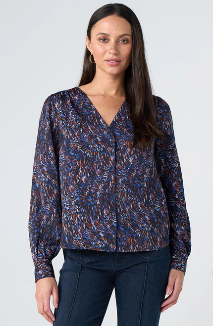 Eunice Long Sleeve Woven Blouse, blue/brown-front