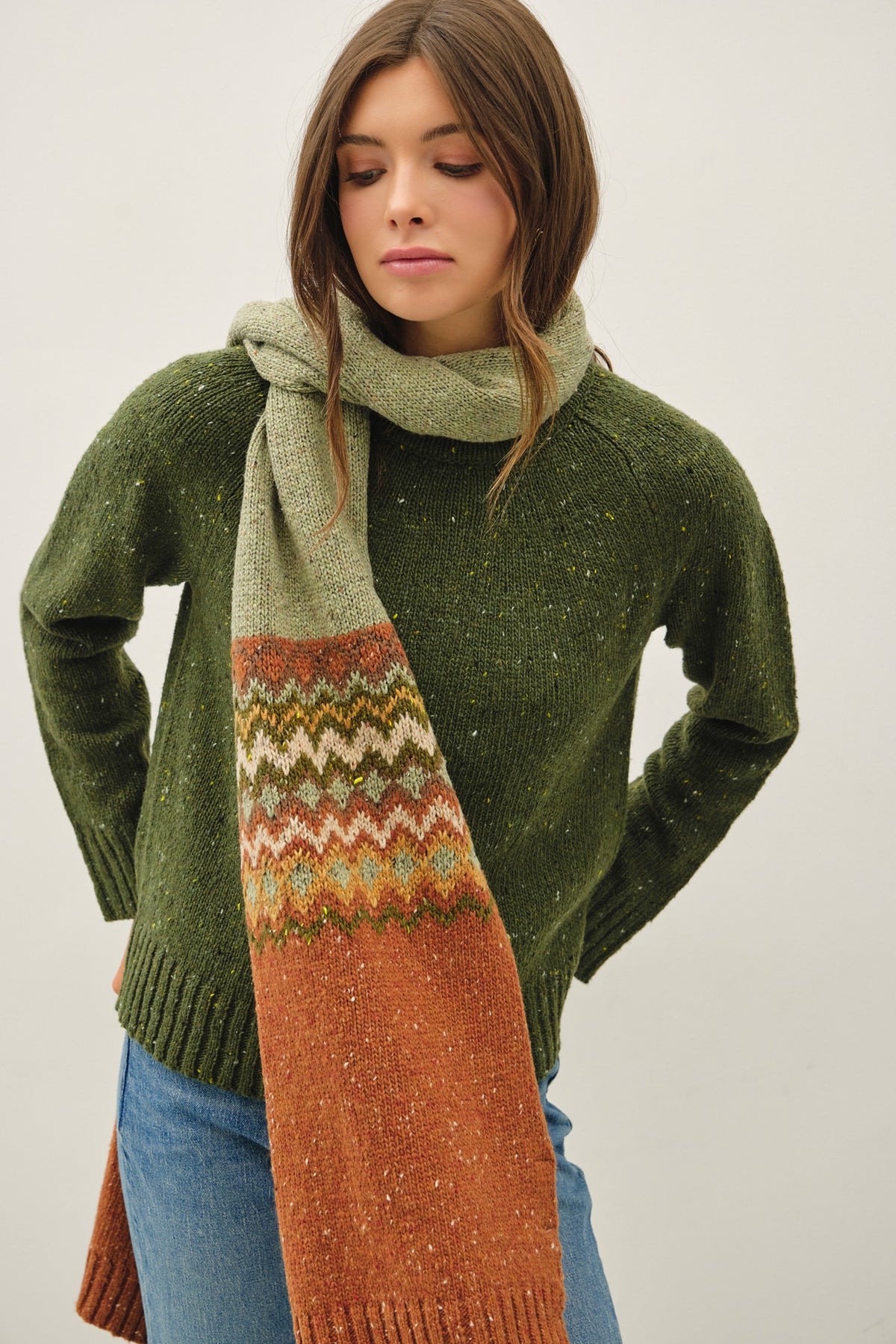 Chunky Knit Speckled Fair Isle Print Scarf - Olive-styled