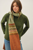 Chunky Knit Speckled Fair Isle Print Scarf - Olive-styled