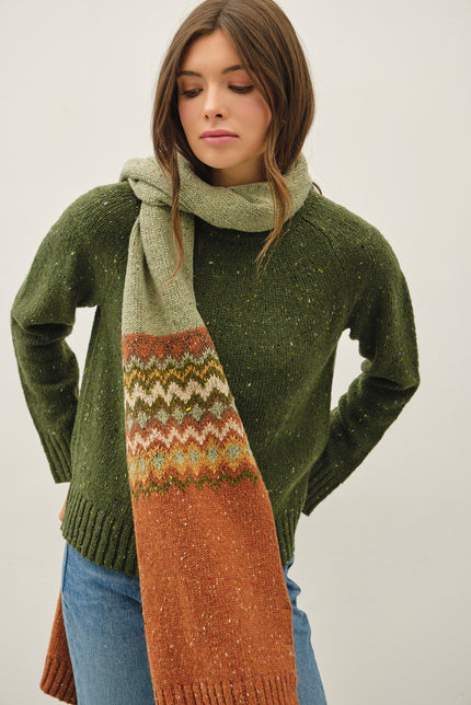 Chunky Knit Speckled Fair Isle Print Scarf - Olive-styled