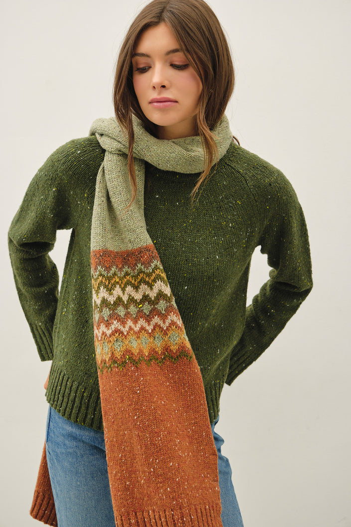 Chunky Knit Speckled Fair Isle Print Scarf - Olive-styled