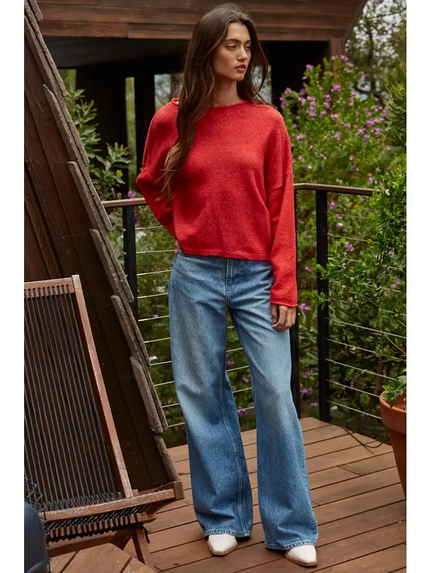 Knit Sweater Rolled Round Neck Pullover Top red front