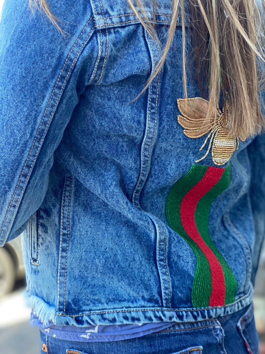Distressed Denim Jacket With Red & Green Stripe Queen  Bee Back