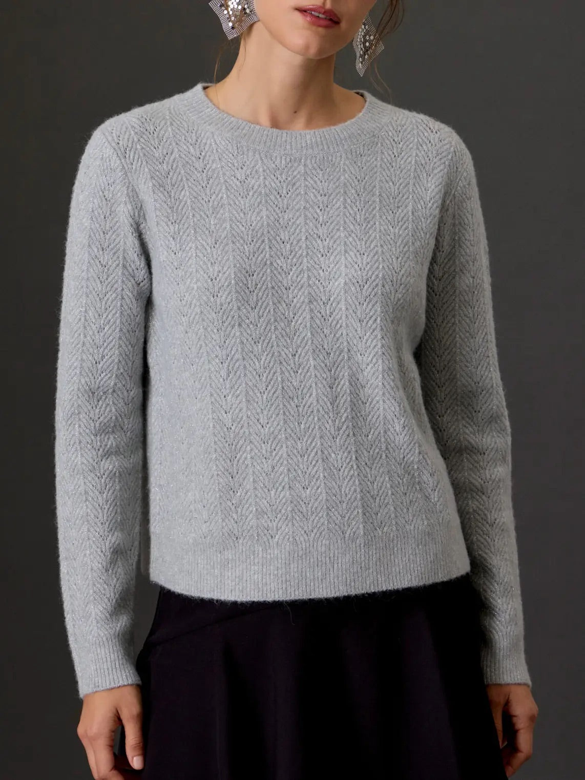 Jillian Glitter Pointelle Sweater, grey-front