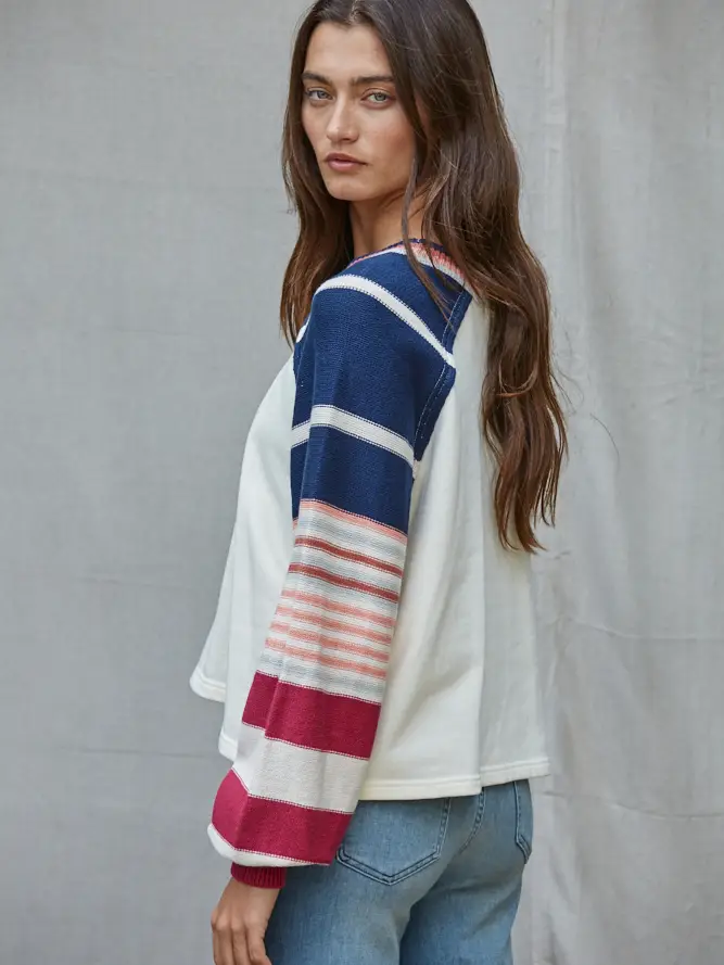 Maggy Knit Multi Color Striped LS Pullover, cream/navy-side/back