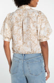 puff slv button front woven top w/ twist