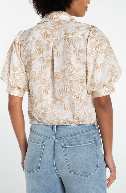 Puff Sleeve Button Front Woven Top W/ Twist