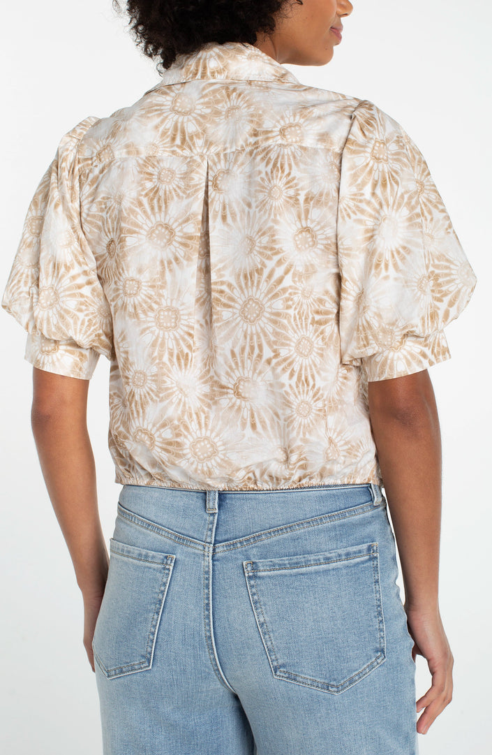 Puff Sleeve Button Front Woven Top with Twist