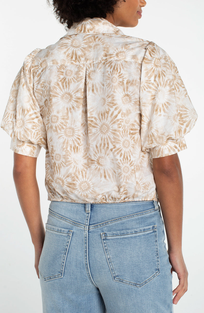 puff slv button front woven top w/ twist