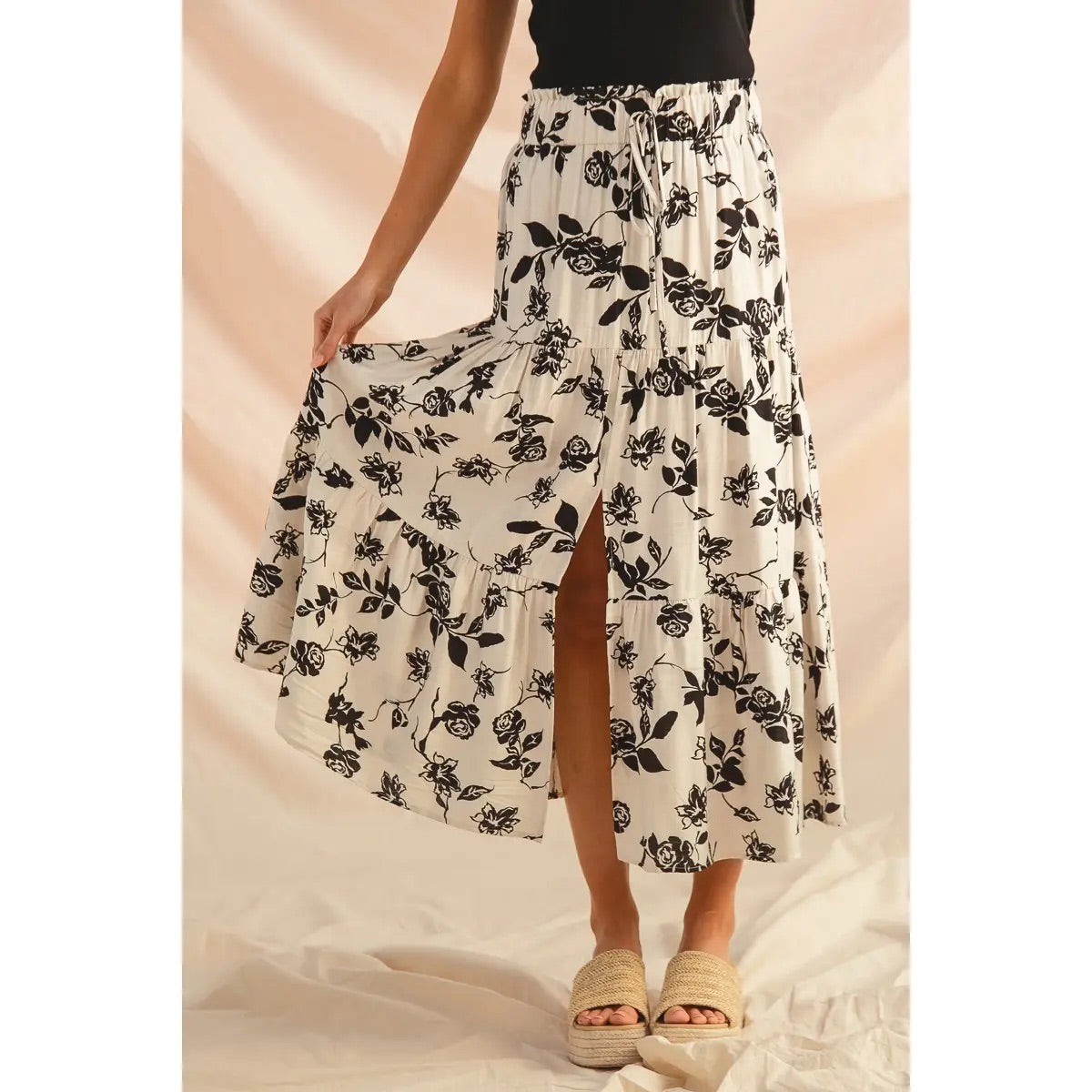 Floral Woven Print Front Slit Boho Skirt, Black/Ivory