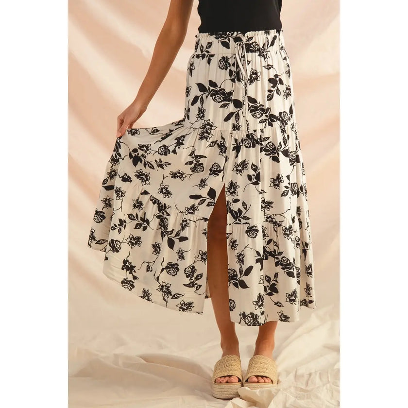 Floral Woven Print Front Slit Boho Skirt, Black/Ivory