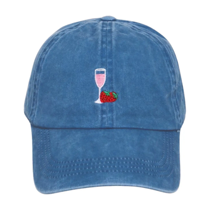 Champagne & Strawberry Embroidered Baseball Cap Denim Blue