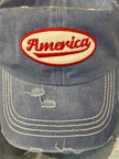 AMERICA embroidery Patch Distressed Baseball Cap - Denim