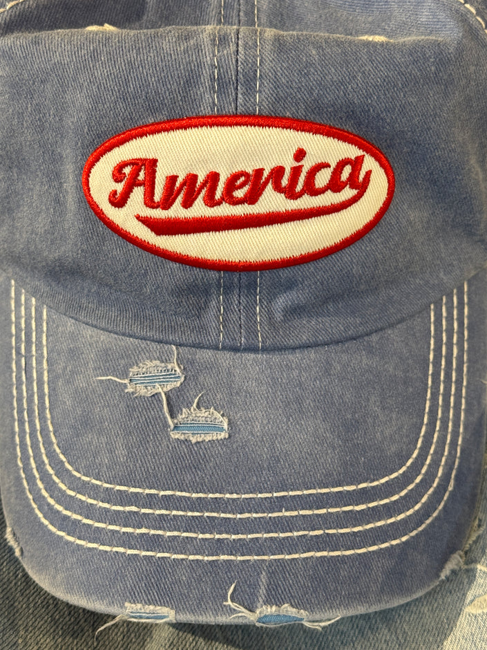 AMERICA embroidery Patch Distressed Baseball Cap - Denim