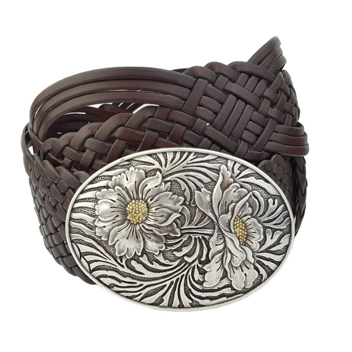 Hand Braided Leather Belt W Western Sunflower Buckle brown close up