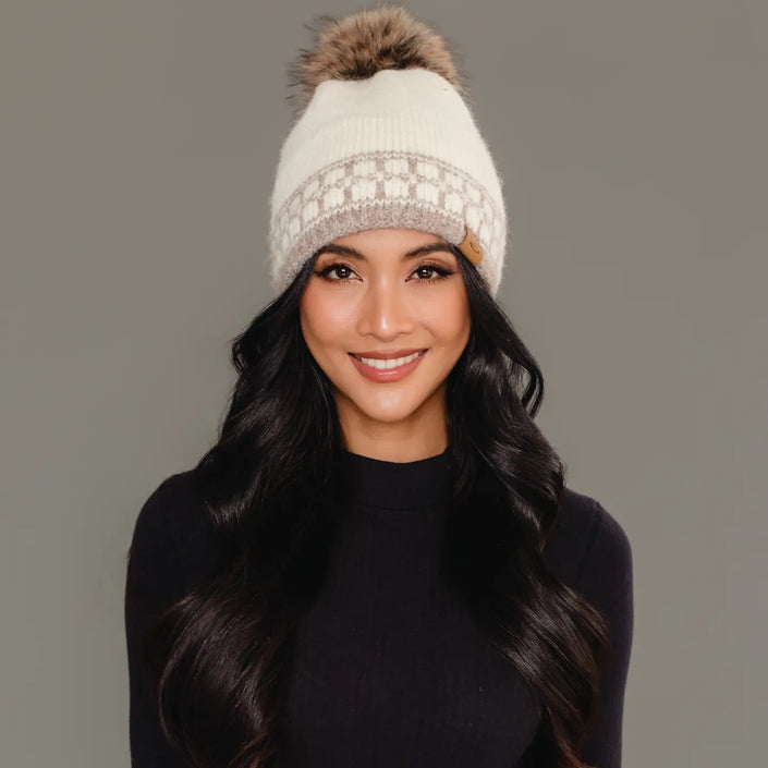Ivory & Taupe Patterned Knit Pom Hat