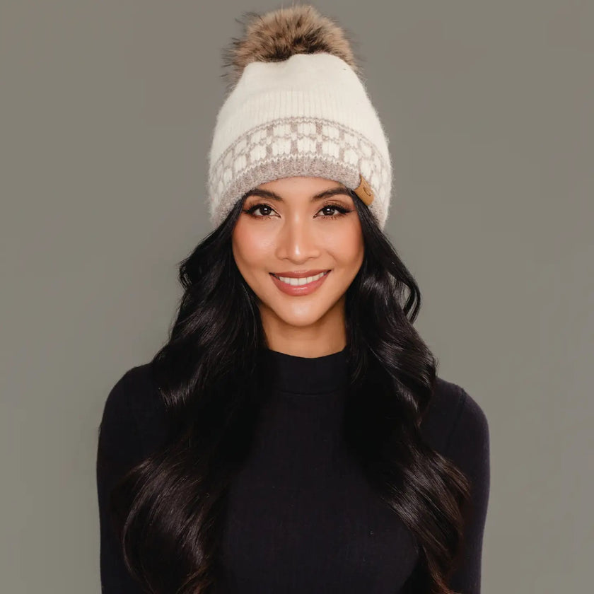 Ivory & Taupe Patterned Knit Pom Hat