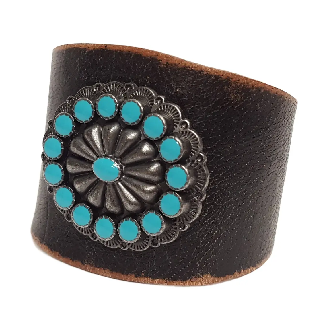 Genuine Distressed Leather Cuff with Western Concho - Black