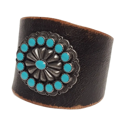Genuine Distressed Leather Cuff with Western Concho - Black-detail