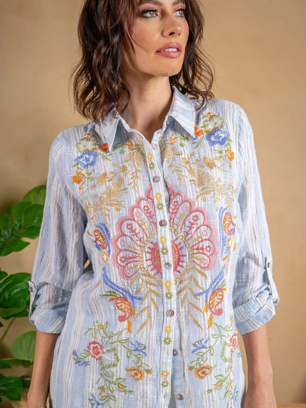 Yarn Dye Stripe Embroidered Shirt front