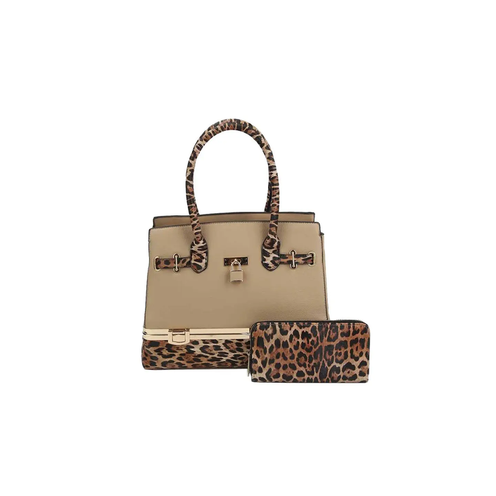 2 in 1 Cheetah Accent Handbag and Clutch taupe